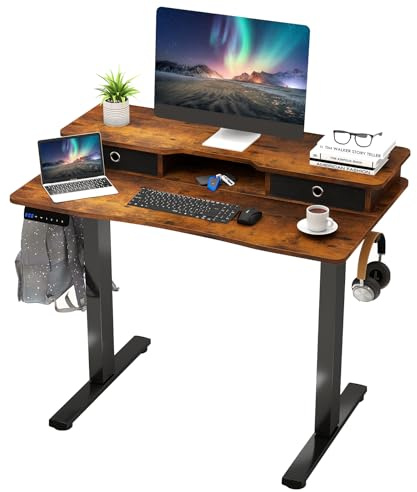 GIANTEX höhenverstellbarer Schreibtisch, elektrisches Stehpult mit Monitorständer, 2 Schubladen, 2 Haken, Kleiner Computertisch mit Einstellbarer Höhe von 73-122 cm, für Arbeitszimmer & Büro (Braun)
