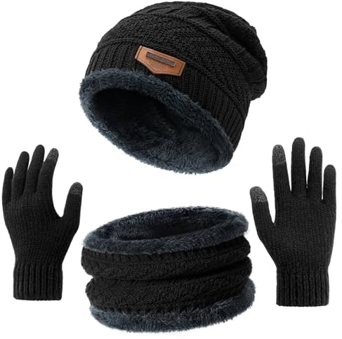 Hat Scarf and Gloves Set - Beanie Hat Men Women Winter Gloves Neck Warmer, 3-in-1 Winter Hat Scarf Gloves Set, Beanie hat Snoods for Men & Women Touch Screen Thermal gloves-Black