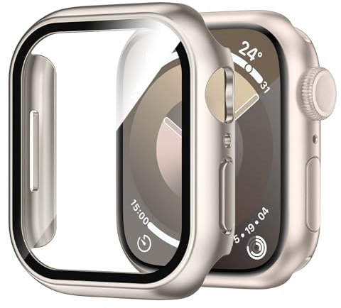 Kamita Funda Impermeable para Apple Watch Serie 9/Serie 8/Serie 7 45mm, PC Bumper Case con Protector de Pantalla de Cristal Templado, Shockproof Carcasa de Protección Total para iWatch 45 (Starlight)