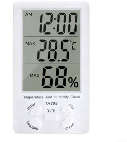 TA308 Digitales LCD Thermo-Hygrometer mit Uhr, Tragbares Thermometer Hygrometer Innen mit hohen Genauigkeit, Temperatur und Luftfeuchtigkeitsmesser für Raumklimakontrolle Raumluftüerwachtung Monitor