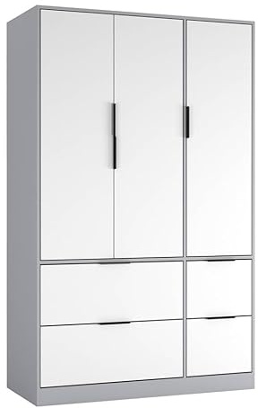 URBNLIVING 3 Door Wardrobe with 4 Drawers – Wooden Bedroom Storage Cupboard with Hanging Rail for Clothes - Grey Unit & White Doors & Drawers