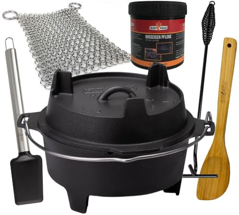 Grillfürst Dutch Oven ca. 12 Liter - stabil stehender Feuertopf durch speziell entwickelte T-Füße, hitzebeständiger Gusseisen Topf, Deckel als Pfanne nutzbar, DO 12