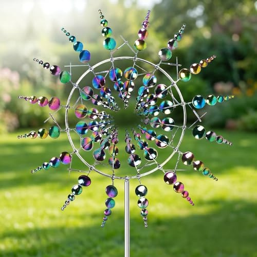 Windspiel GartenMetall Windmühle, 3D Windbetriebene Kinetische Windrad Garten Metall, Rostfrei Gartenstecker Windspiel, für Terrasse Rasen und Garten Dekoration,Multicolour (B)