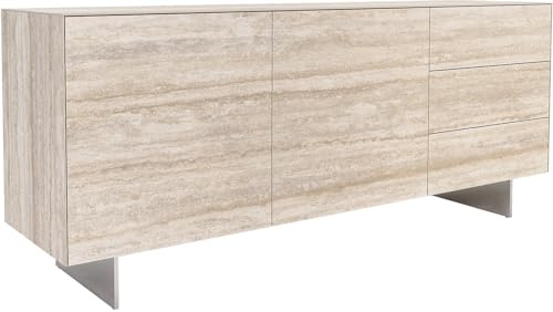 DELIFE Kommode Cuor Keramik Laminam® Travertino Bianco Creme-Weiß 180 cm 2 Türen 3 Schubfächer Fuß Schwebeoptik Edelstahl Sideboard