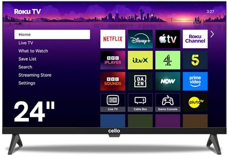 Cello C24RKH 24” Smart Roku HD TV with Freely, Freeview Play, Netflix, Disney+, Apple TV+, BBC iPlayer, ITVX, voice remote control, Phone mirroring, ideal for Small Spaces