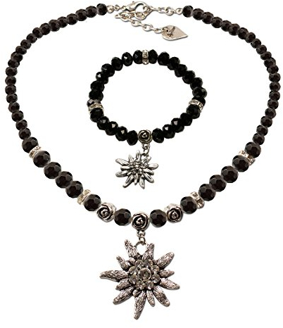 Alpenflüstern Trachtenschmuck-Set Perlen-Trachtenkette und Trachten-Armband Strass-Edelweiß - Damen-Trachten-Schmuck, Trachtenset Dirndl-Kette und Trachten-Armkette schwarz SET022
