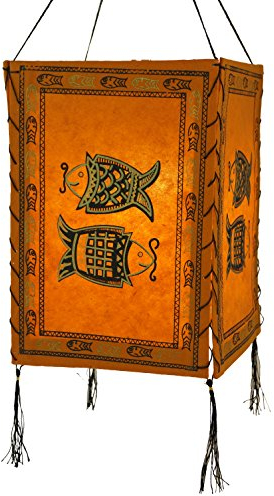 GURU SHOP Lokta Papier Hänge Lampenschirm, Deckenleuchte aus Handgeschöpftem Papier - Fisch Orange, 28x18x18 cm