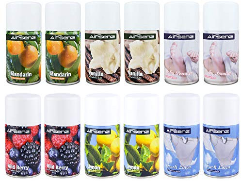 AIRSENZ Air Freshener 12x 270ml Automatic Dispenser Aerosol Spray Refill Cans - 2 Packs of 6 Mixed Fragrances