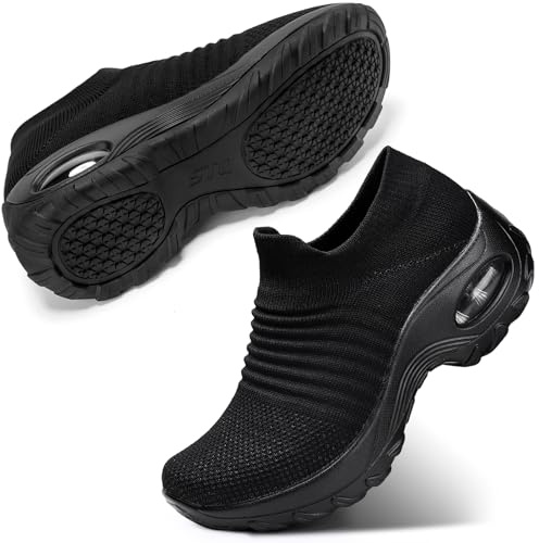 STQ Walking Shoes Women Slip on Sneakers Work Non Slip Tennis Orthopedic Comfortable Arch Support Nursing Plantar Fasciitis Breathable Mesh Fashion Ladies All Black 8