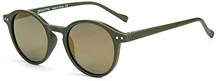 ZENOTTIC Sonnenbrille Polarisiert Rund Retro Klassisch UV 400 Schutz Vintage Rahmen für Herren Damen (MATT GRÜN + REFLEXION GELB)