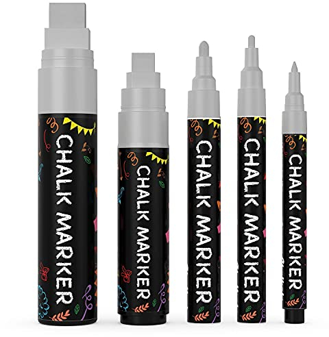 Chalkola Kreidestifte - Silber- 5 Kreide Markers Multipack - 1mm, 3mm, 6mm, 10mm, 15mm Spitze. Kreidestifte für Fenster, Tafel, Glas und mehr. Ideal für Erwachsene, Künstler, Lehrer und Kinder.
