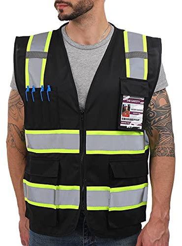 Dib Safety Reflektierende Sicherheitsweste für Herren und Damen, mit Taschen, Schwarz, 2XL