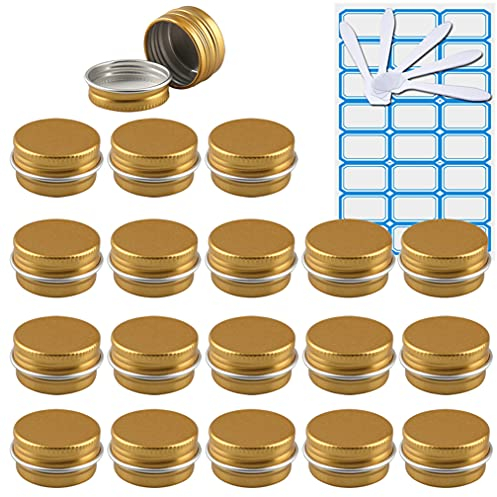 ZEOABSY Pack of 100, Empty 5ml Gold Aluminium Tins with Screw Lids Round Cosmetics Containers Pots Storage Jars for Lip Balm DIY Candle Salve Powder Crafts with 10 Spatula, 4 Labels
