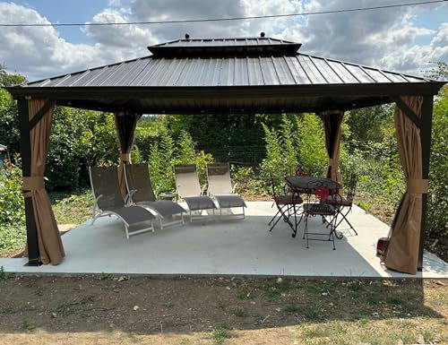 PURPLE LEAF Tonnelle de Jardin Exterieur 4,85 x 3,65 m Pergola Aluminium avec Moustiquaire et Rideaux Pavillon de Jardin à Double Toit Acier Galvanisé, Bronze