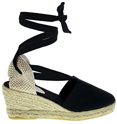 PAYMA - Sandali Classici da Donna con Zeppa in Juta Sparto. Cinturini alla Caviglia. Fatto in Spagna. Zeppa di Media Altezza. Suola Interna Imbottita in tessuto. Colore: Nero. Taglia: EU 40