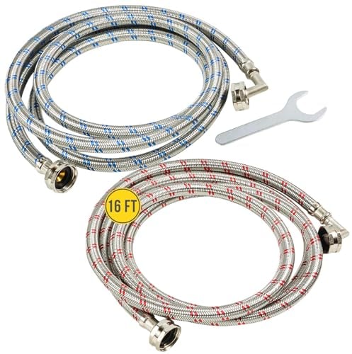 LONG Washing Machine Hoses (16FT) - OCTAGON Connections for Easy & Secure Tightening - Universal Fit to All Wash Machines - (2 Pack) 90° Braided Stainless Steel - Burst Proof Washer Water Supply Line