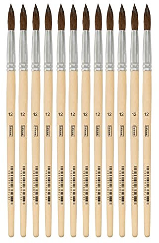 Idena 90092 - Pinceaux de poils, taille 12, avec manche en bois non verni, set de 12, Pinceaux de peinture pour écoliers Hobbykünstler