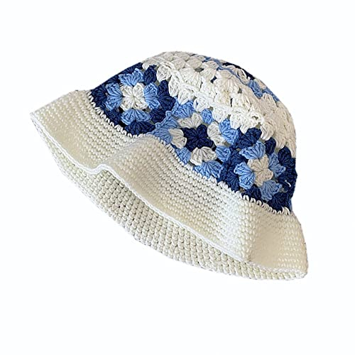 Damen-Strickmütze, Boho-Strickmütze, handgefertigt, gehäkelt, Fischerhut, gestreift, florales Schachbrett, A-weiß, 7 1/8-7 1/4