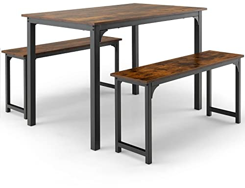 GiantexUK 3PCS Dining Table Furniture Set, 4-Person Wooden Bar Table with 2 Benches, Space-Saving Dinette Kitchen Table Set for Home, Living Room, Pub and Dining Room (Coffee + Black)