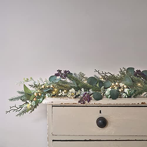 Lights4fun 2m Eukalyptus Girlande mit Beeren Tannenzapfen und Micro LED Lichterkette Timer Gold Weihnachtsdeko
