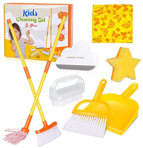 MASTERTOP Kids Cleaning Set, Pretend Play Set Include Mop, Broom, Dustpan, Brush, Cleaning Cloth, Sponge - Housekeeping Cleaning Tools for Boys Girls - Yellow, (HGCTG60004-UK)