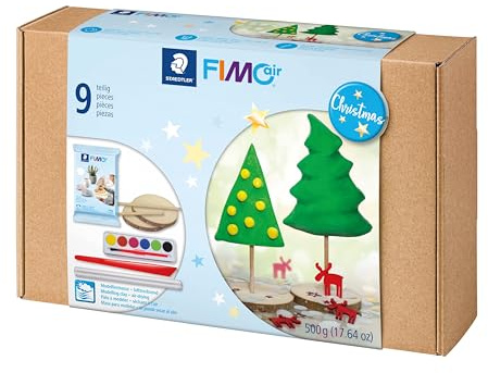 STAEDTLER FIMO air 81 Christmas Set – 500 g, lufttrocknend | Mit Farben, Pinsel, Werkzeugen & Holzscheiben – kreatives Gestalten – Art.-Nr. 81 SET 07