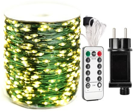 RESNICE Luces de hadas exteriores extra largas, impermeables, 30m 300 LED, cadena de alambre verde con control remoto, blanco cálido para árbol de Navidad, patio, jardín y bodas