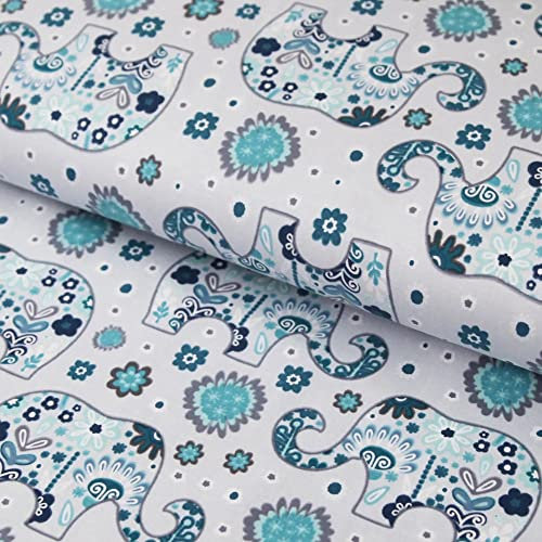 Baumwolljersey Elefanten Tiere Afrika Blumen - Jersey Stoff blau türkis petrol - ab 25 cm Länge