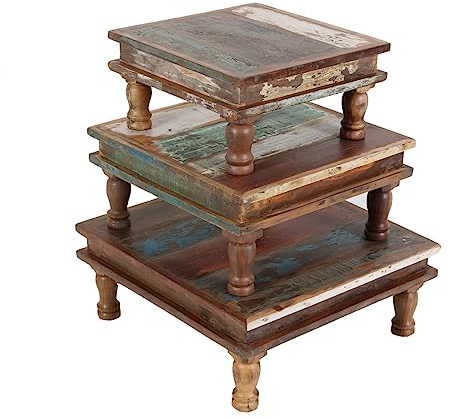Casa Moro Shabby Chic Tisch Siera 3er Set braun bunt quadratisch aus Recycling Altholz | Kunsthandwerk aus dem Orient | Vintage Deko-Tisch Bajot Tisch Beistelltisch in Antik Look | MA5028