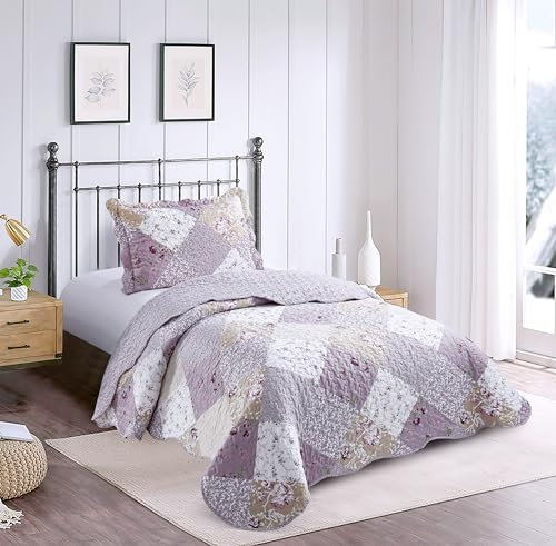 Brilliant Sunshine Flieder- und beigefarbenes Rosen-Patchwork, 2-teiliges Steppdecken-Set mit 1 Kissenbezug, wendbare Tagesdecke, weiche, leichte Decke, für alle Jahreszeiten, Doppelbett, Flieder