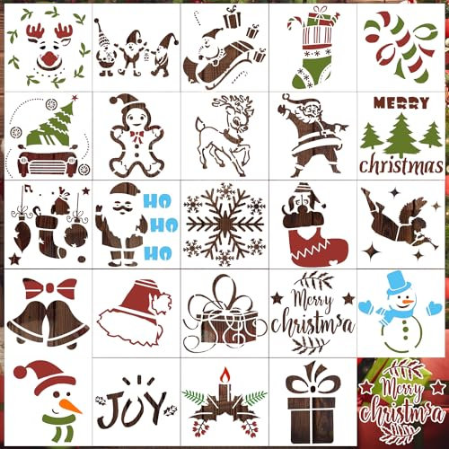 24pcs Pochoirs de Noël, Modèle de Peinture Réutilisable Pochoirs Décoration à Motifs Multiples Painting Template pour Bricolage Cartes Ornements de Fenêtres Tranche de Bois