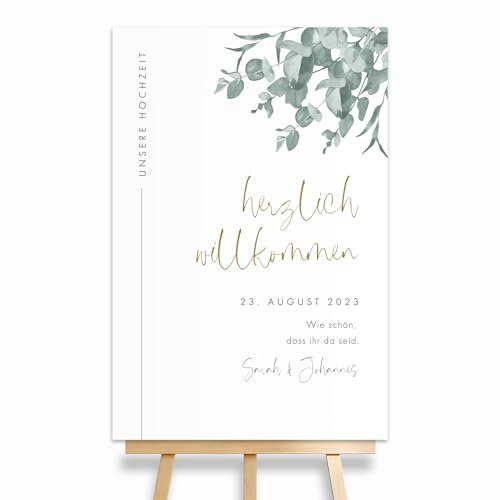 HEI Print Willkommensschild Hochzeit Eukalyptus mit Datum und Namen, personalisierte Hochzeitsdekoration, Willkommen Schild, Grün, 60x40 (Hochformat)