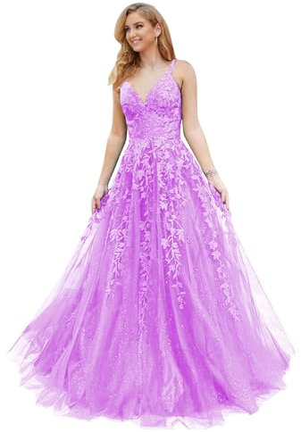 PEIYJYUSP Vestido largo de tul con purpurina, apliques de encaje, cuello en V, vestido de graduación para mujer, vestido formal de fiesta de noche, Lila, 12