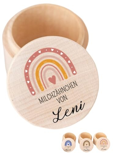 wunderwunsch® - Milchzahndose personalisiert aus Holz mit kinderfreundlichem UV-Druck - Zahndose Milchzähne als Erinnerung an die ersten Zähnchen (Regenbogen rosa)