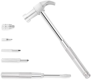 LANDIBO 6-in-1 Multi-Purpose Hammer & Screwdriver Tool with Non-Slip Handle Slotted/Flat Head Phillips Screwdriver Mini Hammer for Opening Walnut, Home & Watchmaker Repair Tools (argent)
