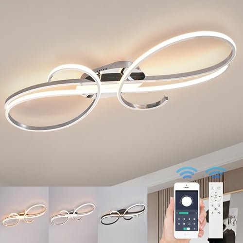 WSXEDC Moderne LED Kreative Deckenleuchte, Dimmbare Metall Chrom für die Augenpflege Deckenlampe Mit Fernbedienung für Wohnzimmer Schlafzimmer Esszimmer Flure Chrom 100cm