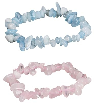 RELKLYU 1 Natürliches Rosenquarz-Armband Und 1 Natürliches Aquamarin-Kies-Armband, Aquamarin-Kristall, Kristall-Armband, Naturstein-Armband, Rosa Kristall-Stein-Armband