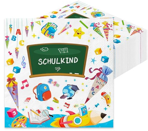 Wentsent 80Stück Servietten Einschulung, 3-Lagig Bunten Schulanfang Servietten mit ABC Zuckertüte für Schulkind Mädchen Junge Schuleinführung Deko 1. Schultag Tischdeko Schule Einweg Papierservietten