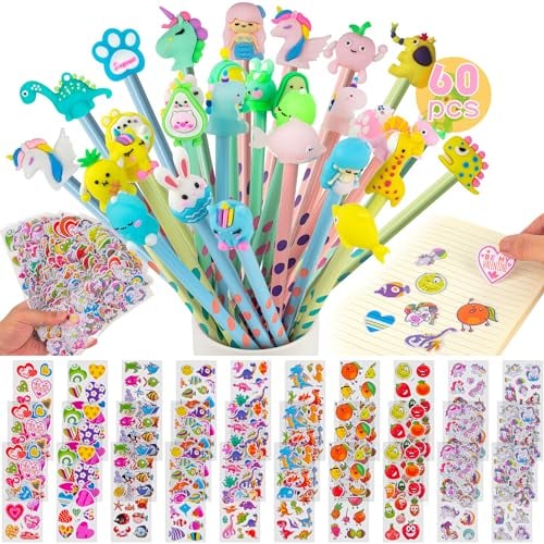 60 Stück Set - 30 Dreikant Bleistifte Kinder und 30 Sticker Kinder, 3D Aufkleber für Kinder und Tier Bleistifte Kinder | Mitgebsel Kindergeburtstag Gastgeschenke Geschenke