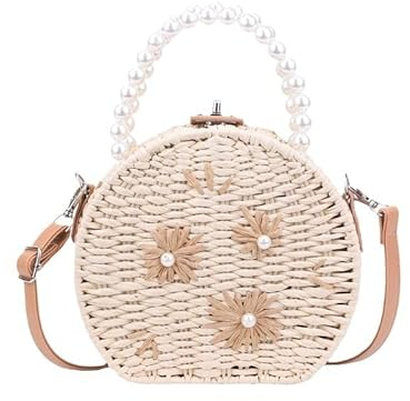 Fivelake Strohtasche Damen Stroh Umhängetasche Vintage Strandtasche Clutches Tashe mit Perle Strand Stroh Handtasche Crossbody Tasche für Damenreisen und Urlaub