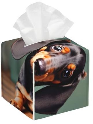 Niedliche Dackel-Duggee Premium doppelseitige Taschentuchbox aus Leder – wasserdicht, leicht und stilvoll – ideal für Auto, Badezimmer und mehr