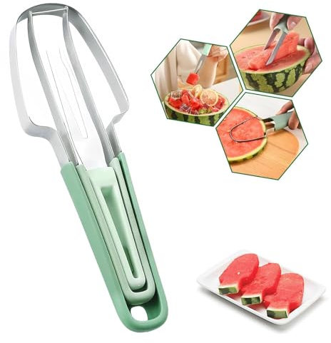 Coupe Pastèque,3 en 1 Trancheuse à Pastèque,Fourchette à melon d'eau,Fourchette à fruits de cuisine Couteau à découper,Découpeur de pastèque en acier inoxydable pour la maison, la fête, le camping