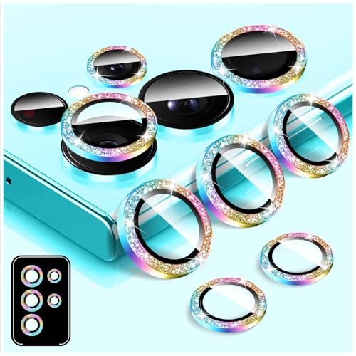 LucBuy Bling Camera Lens Protector for Samsung Galaxy S22 Ultra, Tempered Glass Camera Cover Film Stickers, Glitter Automatic-Alignment Individual Metal Ring Screen Protector