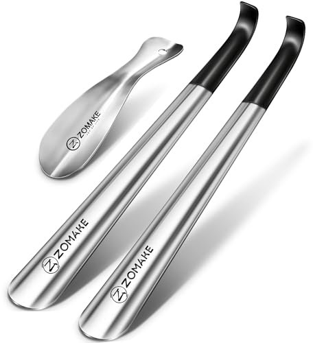 ZOMAKE Calzascarpe Metallo 3Pezzi,42cm Lungo Calzante con Manico Calza Scarpe Facile da Usare - 19cm Acciaio Inossidabile Shoe Horn con Gancio(D'argento42&19cm)