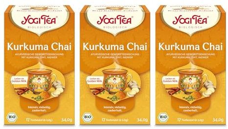 Yogi Tea - Kurkuma Chai, Ayurvedischer Bio Gewürztee - und Kräutertee, Ideal für Goldene Milch, Mischung aus Kurkuma, Zimt und Ingwer, Yogi Tee 3er Pack, 3x17 Beutel (51 Teebeutel insgesamt)