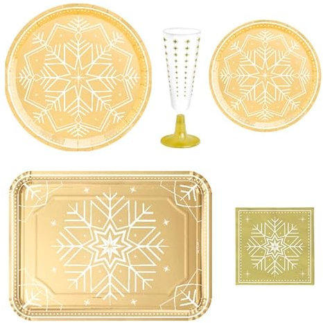 OH YEAH - Vajilla Navidad Cartón Ecológico - Kit 12 Personas - Decoración Navidad Winter Oro - Pack 68 uds - Temática Navideña - Ideal para Nochebuena, Fiestas y Cenas Especiales