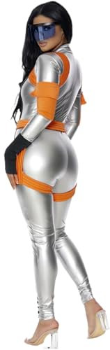 Faschingskostüme Damen Sexy, Enges Astronauten Kostüm, Halloween Astronaut Cosplay Party Karneval Kostüm mit Gürtel und Handschuhe Space Kostüm Onesie Damen Lustig Weltall Kostüm Overall Jumpsuit