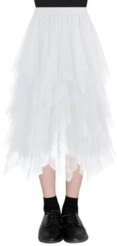 AUYAO Femme Tulle Jupe Jupe de Fée Maille, Long Jupe Tutu Tulle Jupe, Jupe de Danse du Ventre Jupe Plissée en Tulle, Asymétrique Jupon en Tulle en Couche Mariage Party Mardi Gras FêTe Jupe(Blanc)