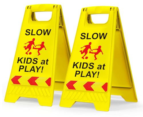 2 Pack Kids at Play Safety Signs for Street, Children at Play Safety Signs with Reflective Tape 17.5 Height Double-Sided Easier to Identify, Slow Down Kids at Play Sign for Street Neighborhoods