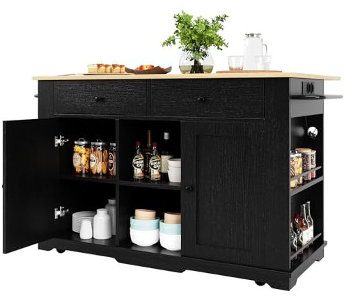 DRIXNO Kücheninsel, Küchenwagen mit Steckdosenleiste Ausgestattet, Küchenschrank, Servierwagen mit arbeitsplatte, Buffetschrank, Speisewagen mit Holzmaserung, Buffetschrank,Schwarz